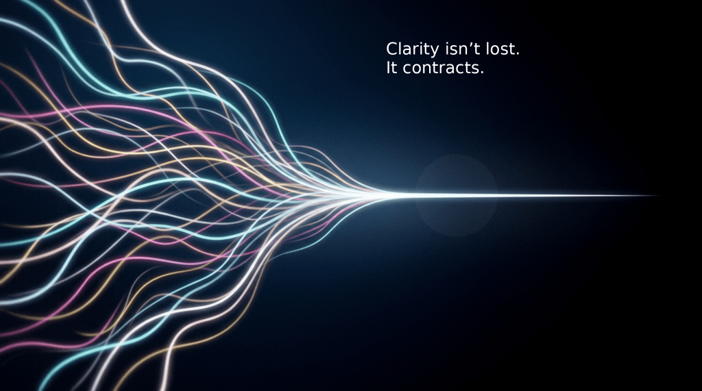 Visualization of clarity collapse in decision systems showing multiple options converging into a single trajectory, representing loss of effective optionality